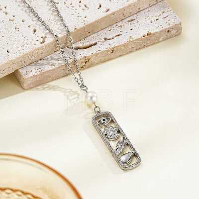 Brass Micro Pave Clear Cubic Zirconia Hollow Rectangle with Evil Eye and Paw Print Pendant Necklaces with Imitaiton Pearl Beads WG253F6-02-1