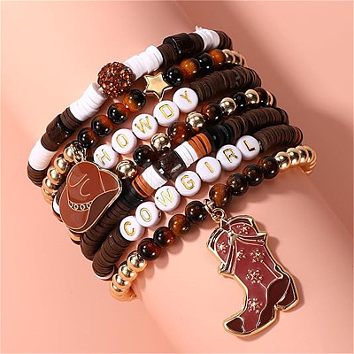 7Pcs Boot Western Cowboy Style Polymer Clay Heishi & CCB Plastic & Natural Tiger Eye Beaded Bracelets FS-WG5CAF3-03-1