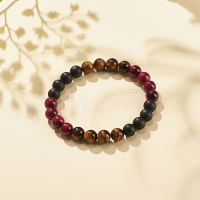 4Pcs 4 Colors Natural Tiger Eye & Black Agate(Dyed) Round Beaded Stretch Bracelets Set BJEW-JB08086-1