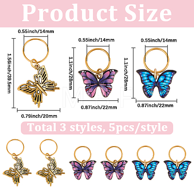 15Pcs 3 Styles Butterfly Printed Alloy Braiding Hair Pendant Decoration Clips OHAR-BM0001-04-1