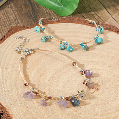 Bohemian Style Synthetic Turquoise and Natural Amethyst Chip Tassel Raffia Cord Double Layer Anklets FS-WGA75A5-03-1