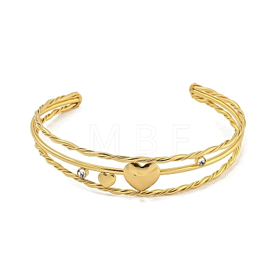 304 Stainless Steel Pave Clear Cubic Zirconia 3-Line Heart Open Cuff Bangles for Women BJEW-E100-04G-1