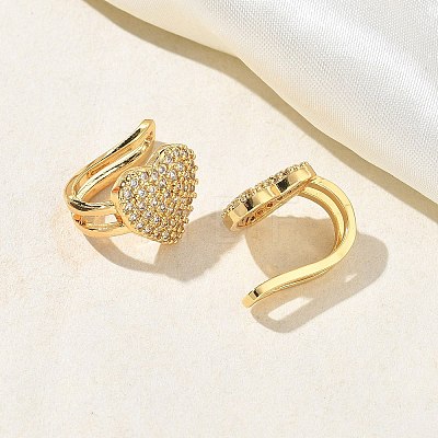 Valentine's Day C-Shaped with Heart Brass Micro Pave Clear Cubic Zirconia Cuff Earrings EJEW-L316-01G-08-1