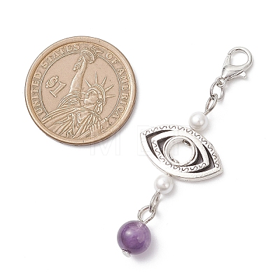 Alloy & Natural Amethyst & Natural Madagascar Rose Quartz & Shell Pearl & Natural Green Aventurine Pendant Decorations HJEW-JM04578-1