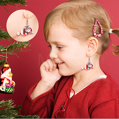 ANATTASOUL 2 Pairs 2 Style Christmas Hat with Cat Acrylic Dangle Earrings EJEW-AN0002-37-1