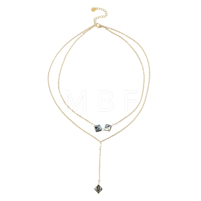 Natural Paua Shell Geometric Y Pendant Brass Double Layered Necklaces NJEW-JN06532-02-1