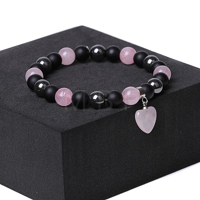 Natual Black Obsidian & Synthetic Non-magnetic Hematite & Natural Rose Quartz Beads Charm Bracelets AC2290-4-1