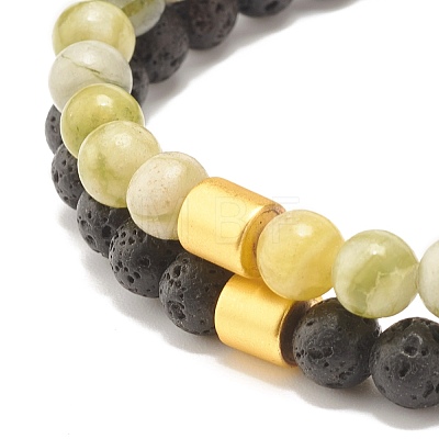 2Pcs 2 Style Natural Qinghua Jade & Lava Rock Round Beaded Stretch Bracelets Set with Column Synthetic Hematite BJEW-JB07574-1