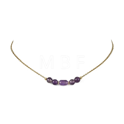 Natural Mixed Gemstone Column Round Beaded Pendant 304 Stainless Steel Cable Chains Necklaces for Women NJEW-JN06094-1