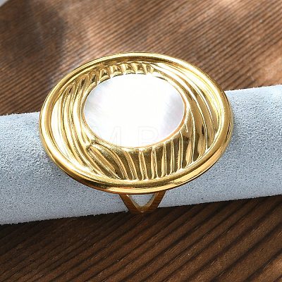 Flat Round 304 Stainless Steel White Shell Finger Rings for Women RJEW-G346-05G-02-1