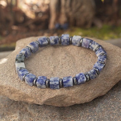 Cube Natural Blue Spot Jasper & Synthetic Non-magnetic Hematite Beads Stretch Bracelets for Women Men LS-PF6426-15-1
