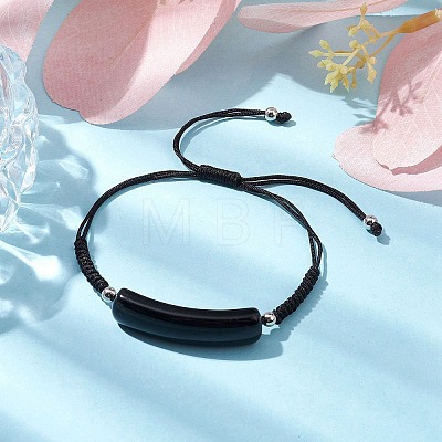 Curved Rectangle Natural Obsidian Adjustable Nylon Cord Braided Bead Bracelets for Women Men BJEW-JB10280-03-1