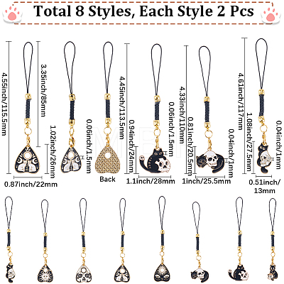 16Pcs 8 Colors Cat Shape Alloy Glass Mobile Straps HJEW-SC00123-1