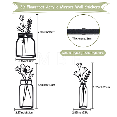 1Set 3D Flowerpot Acrylic Mirrors Wall Stickers DIY-CN0001-84-1