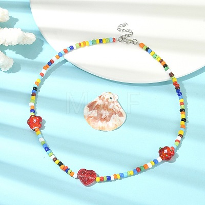 Flower & Heart Lampwork & Glass Seed Beaded Necklaces NJEW-JN04374-1