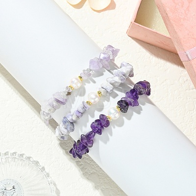 3Pcs 3 Styles Natural Mixed Gemstone Chip & Cultured Freshwater Pearl Beaded Stretch Bracelets Set for Women BJEW-JB13762-03-1