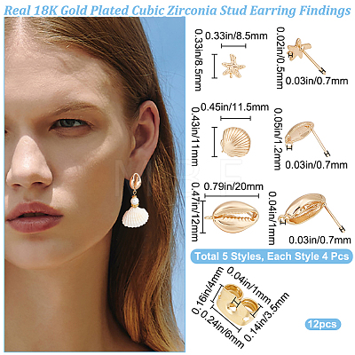 Beebeecraft 12Pcs 3 Style Shell & Starfish Shape Brass Stud Earring Findings KK-BBC0012-74-1