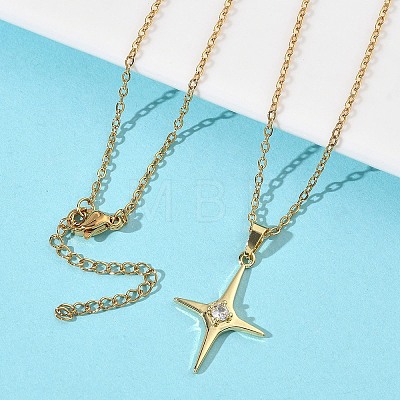Brass Pave Clear Cubic Zirconia Star Pendant 304 Stainless Steel Chain Necklaces for Women NJEW-D341-07G-1
