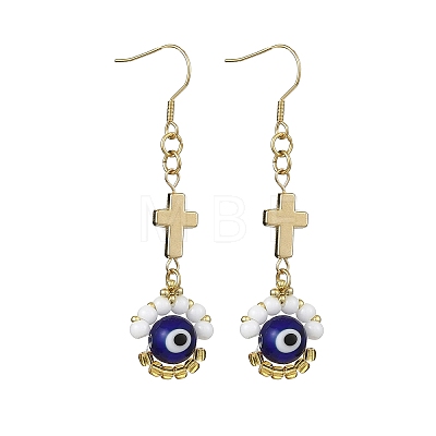 Handmade Seed Evil Eye & Cross Dangle Earrings EJEW-MZ00227-05-1