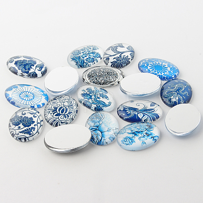 Blue and White Floral Theme Ornaments Glass Oval Flatback Cabochons X-GGLA-A003-18x25-YY-1