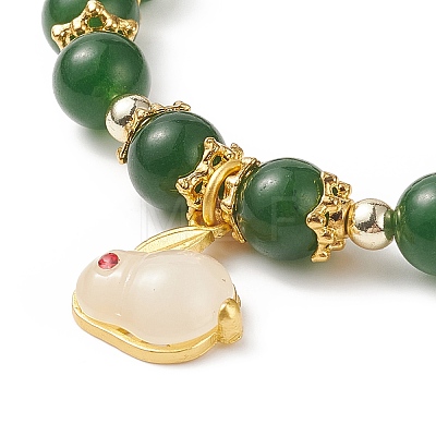 Natural Gemstone Beaded Stretch Bracelet with Glass Rabbit Charms for Women BJEW-JB09093-1