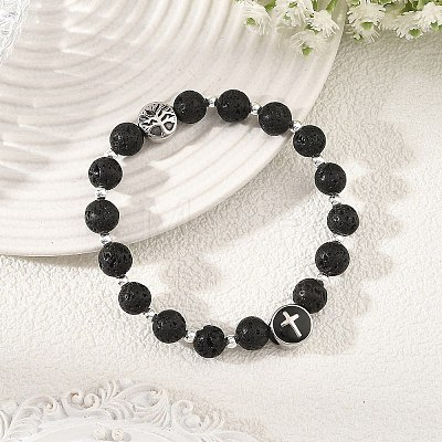 Natural Lava Rock Round Beaded Stretch Bracelets with 304 Stainless Steel Cross Tree of Life for Women BJEW-JB14251-1