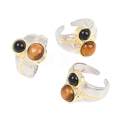 Natural Black Agate & Natural Tiger Eye with Brass Cuff Open Rings RJEW-B163-01GP-02-1