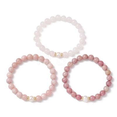 3Pcs Round Natural Rose Quartz & Rhodochrosite & Pink Opal & Pearl Beaded Stackable Stretch Bracelets Sets BJEW-JB12995-1