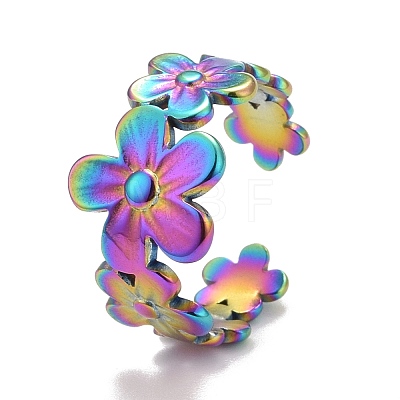 Rainbow Color Ion Plating(IP) 304 Stainless Steel Flower Wrap Open Cuff Ring for Women RJEW-A005-19-1