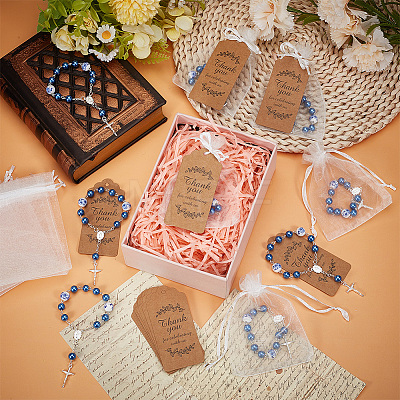 50Pcs Plastic Imitation Pearl and Porcelain Round Link Metal Virgin Cross Charm Rosary Bracelets BJEW-WA0001-07A-1