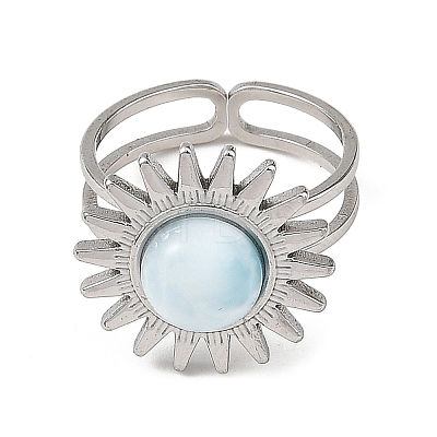 Natural Larimar Cabochons & Stainless Steel Cuff Open Rings RJEW-JR01090-02-1