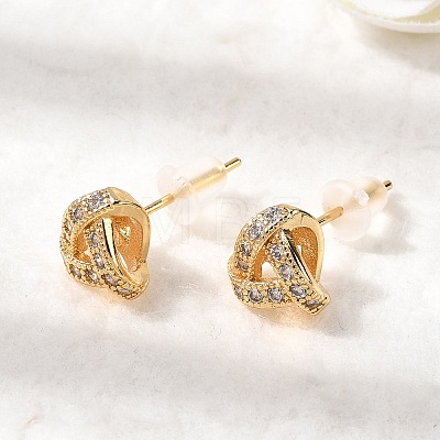 Knot Brass Micro Pave Clear Cubic Zirconia Stud Earrings EJEW-P331-04G-1