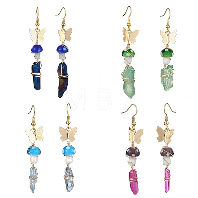 4 Pairs 4 Color Dyed Natural Quartz Crystal Nugget & Mushroom Lampwork Dangle Earrings EJEW-TA00335-1