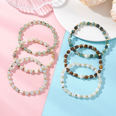 Natural Gemnstone & Brass & Shell Pearl Beaded Stretch Bracelets for Women BJEW-JB13499-1