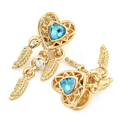 Rack Plating Alloy Pave Indicolite Rhinestone Heart with Feather European Dangle Charms FIND-B034-19G-02-1