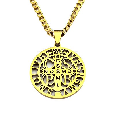 201 Stainless Steel Saint Benedict Medal Pendant Necklaces with Cuban Link Chains for Men FS-WG2A1DE-02-1