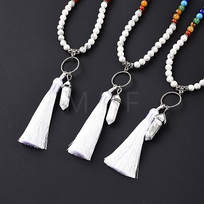 Natural Howlite Bullet & Tassel Pendant Necklace with Mixed Gemstone Beaded Chains NJEW-E585-02H-1