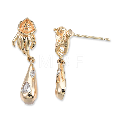 Brass Pave Clear Cubic Zirconia Hand with Teardrop Dangle Stud Earring Findings KK-N232-477LG-B-1