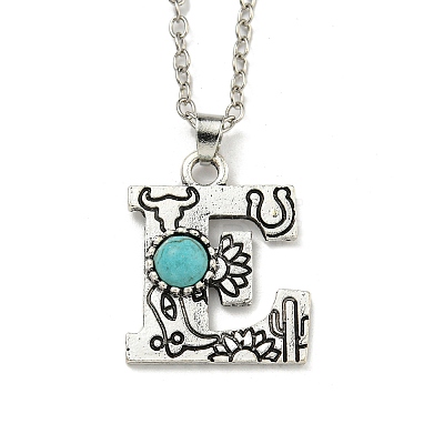 Letter A~Z Antique Silver Plated Alloy with Synthetic Turquoise Pendant Necklace NJEW-G080-01E-1