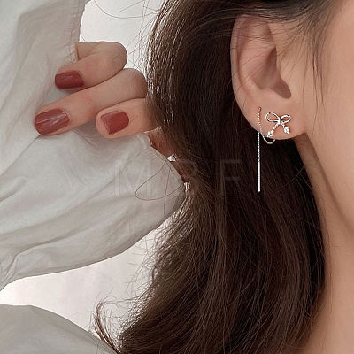 Rhodium Plated 925 Sterling Silver Bowknot Threader Earrings EJEW-P195-03P-1