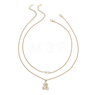 Alloy Bear and White Round Pendant 304 Stainless Steel Cable Chain Double Layer Necklaces for Women NJEW-JN05758-01-1