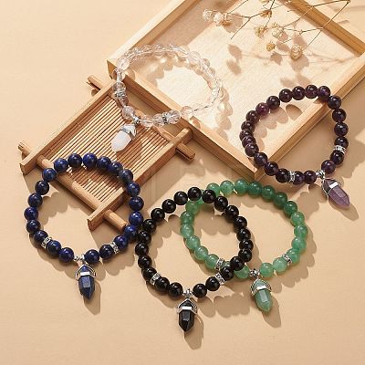 Natural Gemstone Round Beaded Stretch Bracelet with Bullet Charms for Women BJEW-JB09018-1