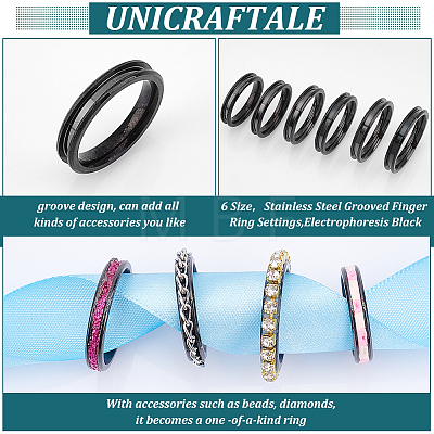 Unicraftale 18pcs 6 Style 304 Stainless Steel Grooved Finger Ring Settings STAS-UN0040-58-1