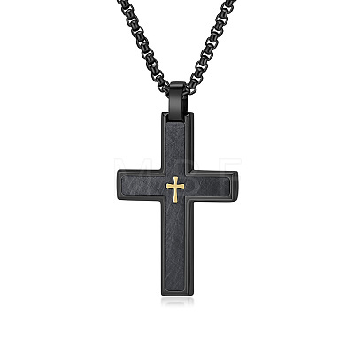 304 Stainless Steel with Wood Religion Cross Pendant Box Chain Necklaces for Men FS-WGA9A37-01-1