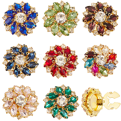 8Pcs 8 Colors Flower Brass & Glass Rhinestone Cufflinks FIND-CY0002-39-1