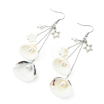 Shell & Brass & 304 Stainless Steel Dangle Earrings EJEW-TA00809-1