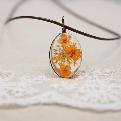 Alloy Wire Wrapped Oval Glass Inner Dried Flower Pendant Waxed Cord Necklaces for Women FS-WG6B63C-11-1