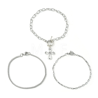 3Pcs 3 Style 316 Surgical Stainless Steel Box & Venetian Chain Bracelets Set with Corss Charms BJEW-FS0001-07-1