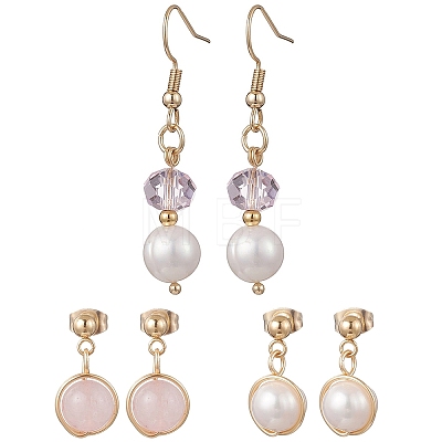 3 Pairs 304 Stainless Steel Natural Cultured Freshwater Pearl Round Earring Sets EJEW-JE06817-02-1