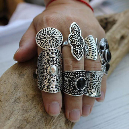 8Pcs Retro Alloy and Resin Cuff Open Rings Set WG49266-01-1